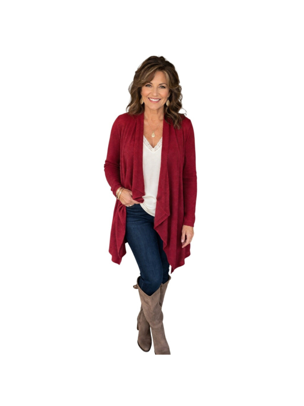 Torrid 00 (M/L) red long sleeve knit waterfall cardigan asymmetrical sweater EUC